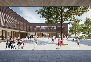 Schule am Hang, Frankfurt Außenaufnahme der Schule am Hang, Frankfurt. Man sieht ein großes Gebäude.