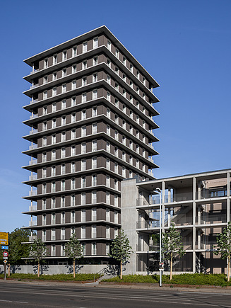 Photo of an exterior shot of the CARL multi-storey timber high-rise in Pforzheim.