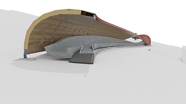Foto einer Visualisierung der geschwungenen Holzüberdachung der Rodelbahn. Man sieht einen Ausschnitt.