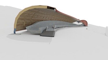 Photo of a visualization of the curved wooden roofing of the toboggan run. You can see a section.