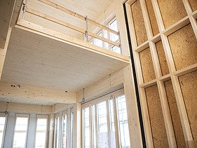 Shell construction photo of the ZÜBLIN Timber office building. Atrium.
