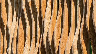 Foto eines Fassadenausschnittes aus Holz. Logistikzentrum Elobau, Leutkirch.