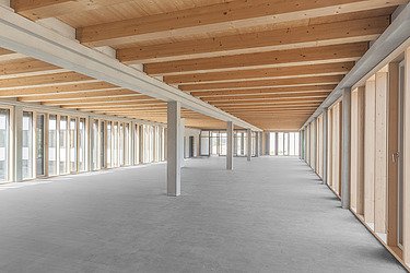Foto des Rohbaus Büro Flexim Berlin. Innenraum mit HBV-Decke und Pfosten-Riegel-Fassade.
