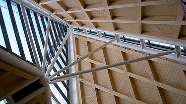 Photo of the courthouse in Antwerp from the inside. You can see the wooden construction of the roof spire.