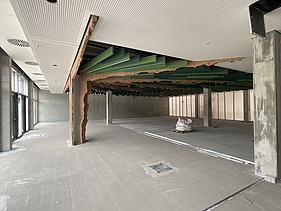 Photo of the interior fit-out of a commercial building. You can see curved wooden beams.