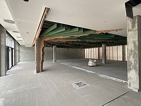 Photo of the interior fit-out of a commercial building. You can see curved wooden beams.