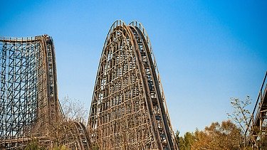 Photo of the Colossos wooden roller coaster at Heide Park Resort Soltau. You can see a part of the roller coaster.