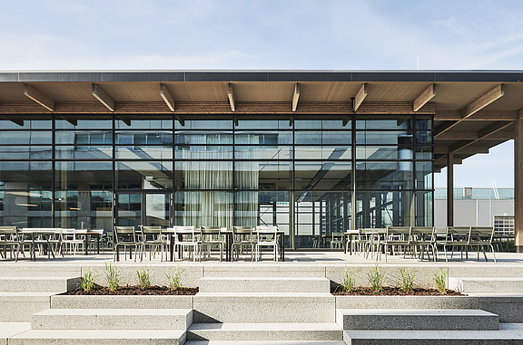 Photo of the interior of a school. The timber mullion and transom façade is clearly visible.