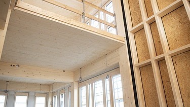 Shell construction photo of the ZÜBLIN Timber office building. Atrium.