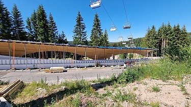 Photo of a natural landscape with trees and blue sky. A cable car and bobsleigh run can be seen.