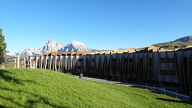 Foto des Hotels Alpina Dolomites Seiser Alm. Zu sehen ist ein Gebäude mit auffälligen Holzfassaden-Elementen aus FSH.