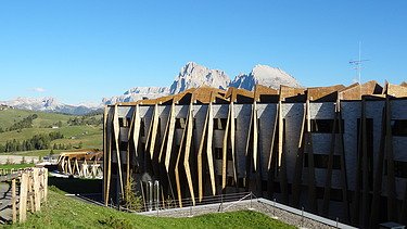 Photo of the Hotel Alpina Dolomites Seiser Alm. You can see a building with striking wooden façade elements made of FSH.