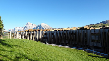 Foto des Hotels Alpina Dolomites Seiser Alm. Zu sehen ist ein Gebäude mit auffälligen Holzfassaden-Elementen aus FSH.