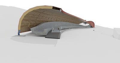 Photo of a visualization of the curved wooden roofing of the toboggan run. You can see a section.