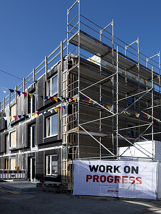 View of the decorated construction site.