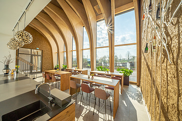 Foto des Innenraums des Weinhotels in Gengenbach. Auffälliges Kreuzganggewölbe aus LENO-BSP.