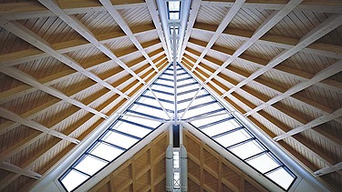 Photo of the courthouse in Antwerp from the inside. You can see the wooden construction of the roof spire.