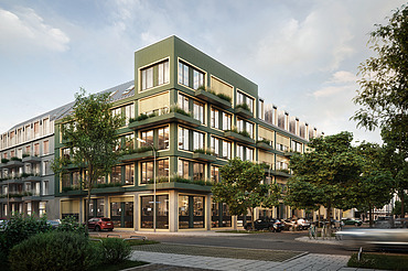 Visualisierung des großen Wohnkomplexes Vinzent in München.