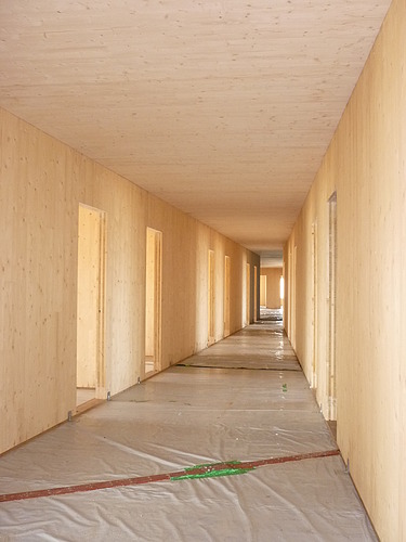 Photo of a hallway in the shell. You can see many LENO cross-laminated timber surfaces.