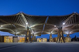 Foto des EXPO-Dachs in Hannover. Holzdachkonstruktion.