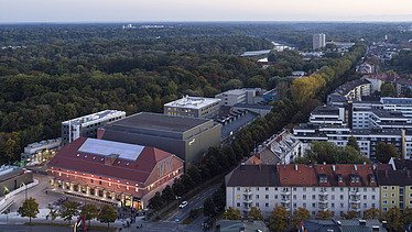 Aerial view of the interim venue Gasteig in Munich. 