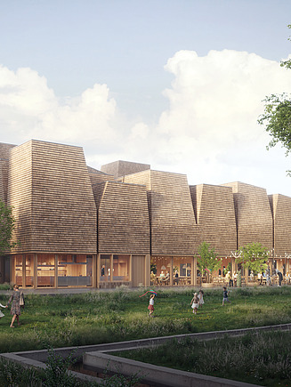 Visualization of the church in Copenhagen. You can see a modern church building with a striking roof.