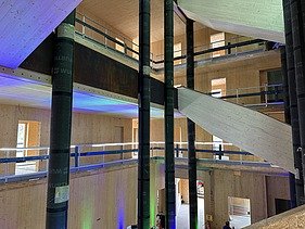 Construction site photo of an interior. Carcass made of cross laminated timber.
