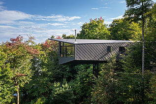 Photo of a wooden house on steel stilts in the middle of the forest.