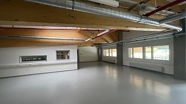 Photo of a large, bright storage room that is empty.