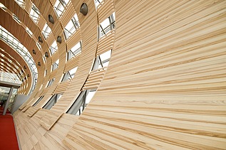 Photo of the Charles de Gaulle Paris airport terminal from the inside. Curved wooden construction.