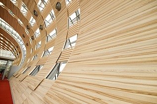 Photo of the Charles de Gaulle Paris airport terminal from the inside. Curved wooden construction.