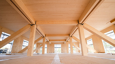 Foto der Uni Witten von innen. Man sieht Brettschichtholzbalken und eine großflächige LENO-Holzdecke.