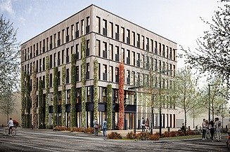 Visualization of the new T3 office building in Aichach Photo visualization of our new wooden office building called T3