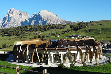 Photo of the Hotel Alpina Dolomites Seiser Alm. You can see a building with striking wooden façade elements made of FSH.