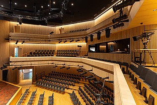 Interior shot of the Globe Theater in Coburg. The seated stage area can be seen.