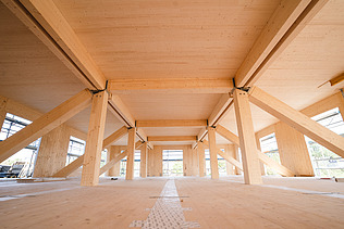 Photo of Witten University from the inside. You can see glulam beams and a large LENO wooden ceiling.