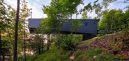 Photo of a wooden house on steel stilts in the middle of the forest.