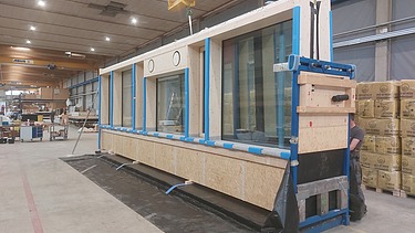 Photo of a timber frame element in production at ZÜBLIN Timber.