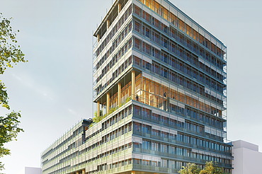 UmweltHaus of UmweltBank Nuremberg Photo of a visualization of the new UmweltHaus in Nuremberg. You can see a high-rise building made of wood.