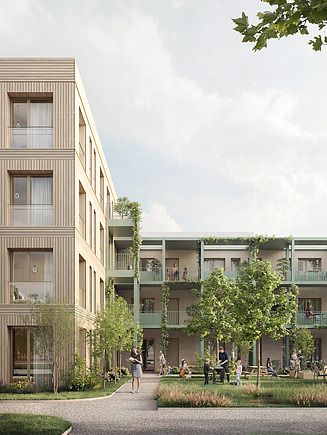 Visualization of the residential building in Kernen. You can see a building made of wood.