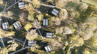 Photo of an aerial view. You can see the flat roofs of many small houses and treetops.