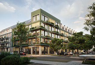 Visualisierung des großen Wohnkomplexes Vinzent in München.