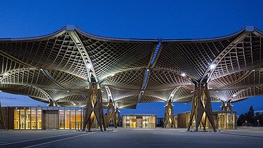 Foto des EXPO-Dachs in Hannover. Holzdachkonstruktion.
