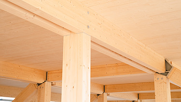 Foto der Uni Witten von innen. Man sieht Brettschichtholzträger und eine LENO-Holzdecke.