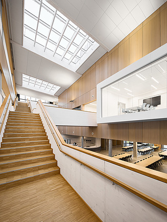 Foto  eines moderenen Treppenaufganges im Inneren des Neubaus von ERBE in Rangendingen