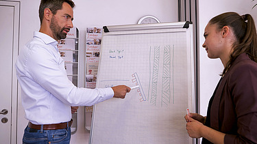 Photo of a man and a woman in conversation. Both are standing in front of a flipchart.