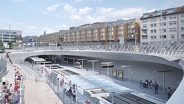 Foto von der Haltestelle Staatsgalerie in Stuttgart. Man sieht Zugschienen und Betonschalungen.