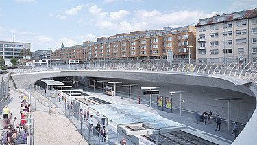 Photo of the Staatsgalerie stop in Stuttgart. You can see train tracks and concrete formwork.