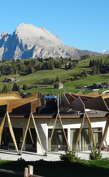 Photo of the Hotel Alpina Dolomites Seiser Alm. You can see a building with striking wooden façade elements made of FSH.