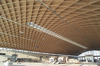 Additions, building in existing buildings. Project hall in Rostock Photo of a commercial building with wooden roof construction